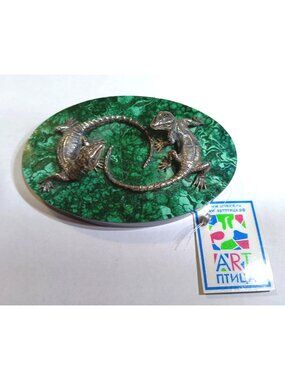 Handcrafted From Russia, Two Lizards on Malachite 925 Sterling Silver